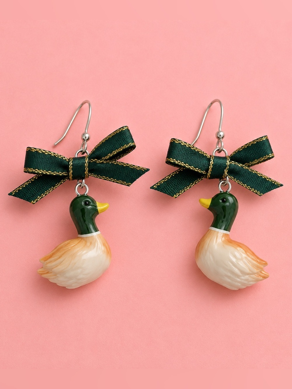 Vintage Cute Duck Earrings with Green Bows